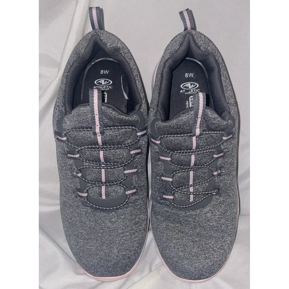 Athletic Works Womens 8W Gray Pink Bungee Slip On Walking Sneakers Memory Foam